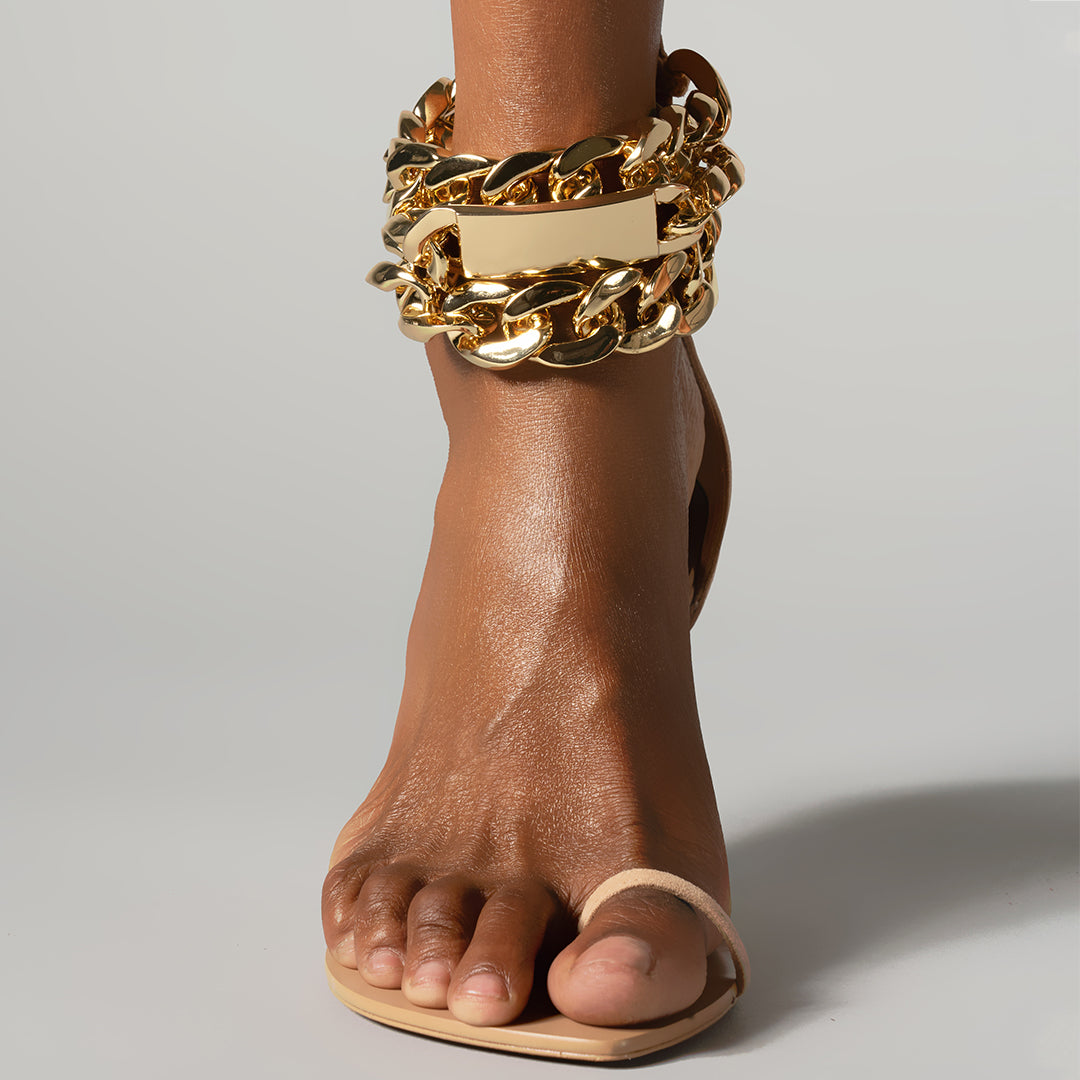 GOLD CHAIN FLAT SANDAL TAN