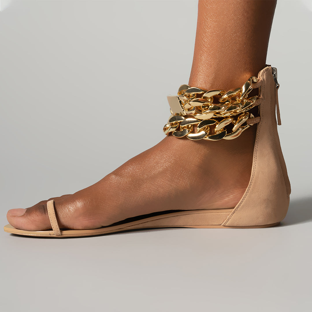 Erina Gold Faux Croc Print Chain Lace Up Flat Sandals | SIMMI London